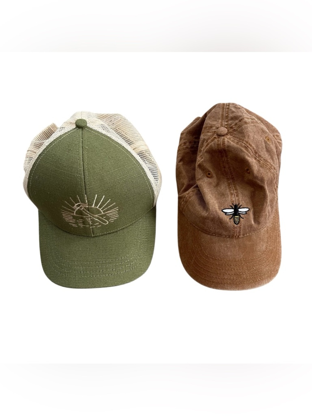 Bee Brown Ball Cap and Green Sun Rise Trucker Hat